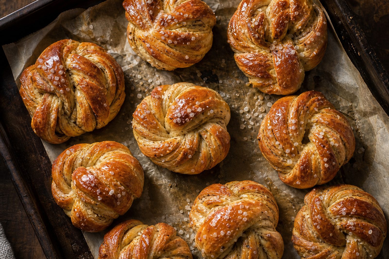 Cardamom buns on a baking tray