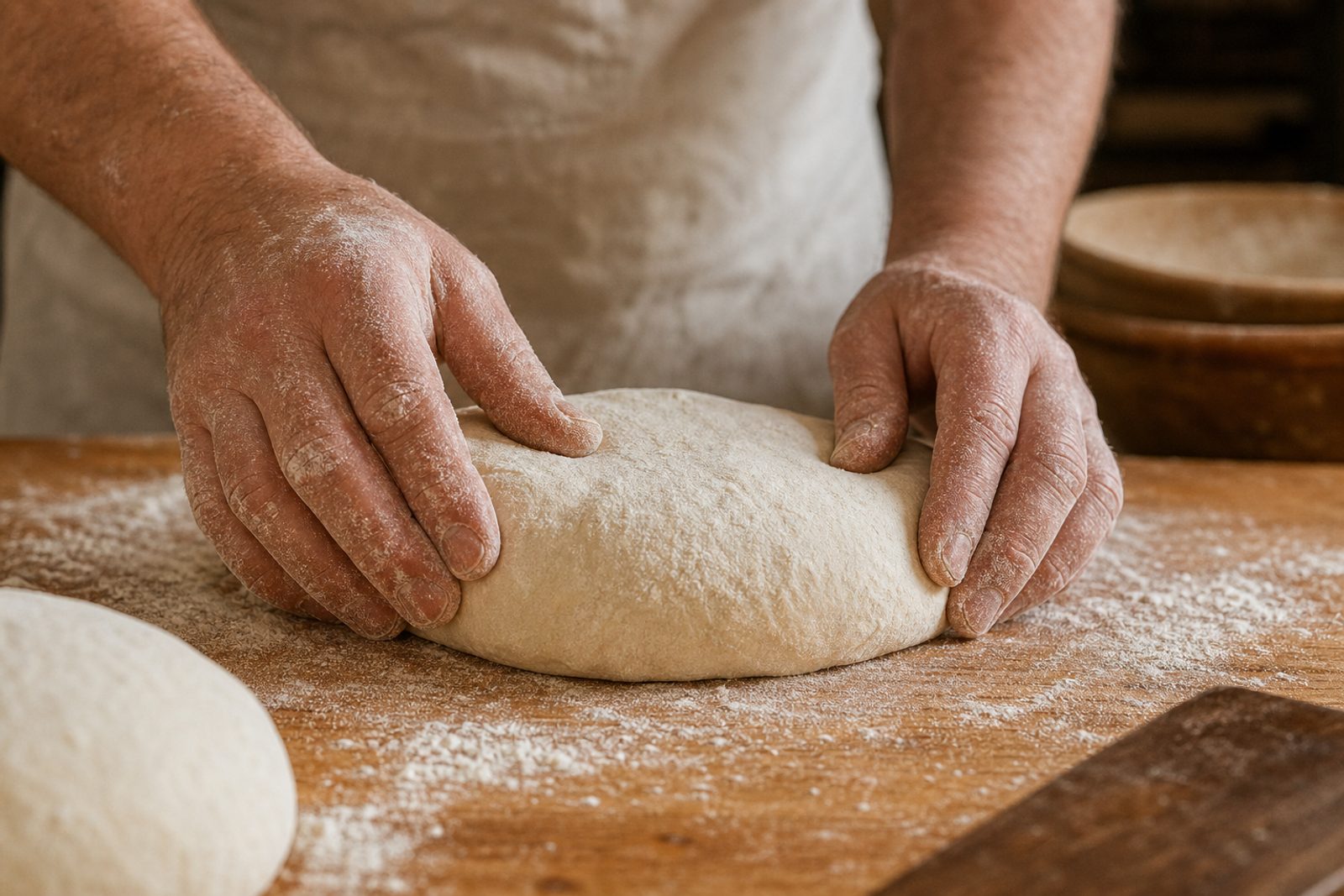 Hands shaping dough on a floured work surface